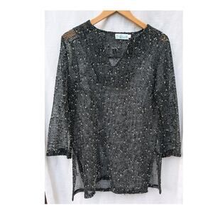 Lulu-B Net Mesh Top Black White M Mermaid Fishnet Coastal Open Knit Sharkbite